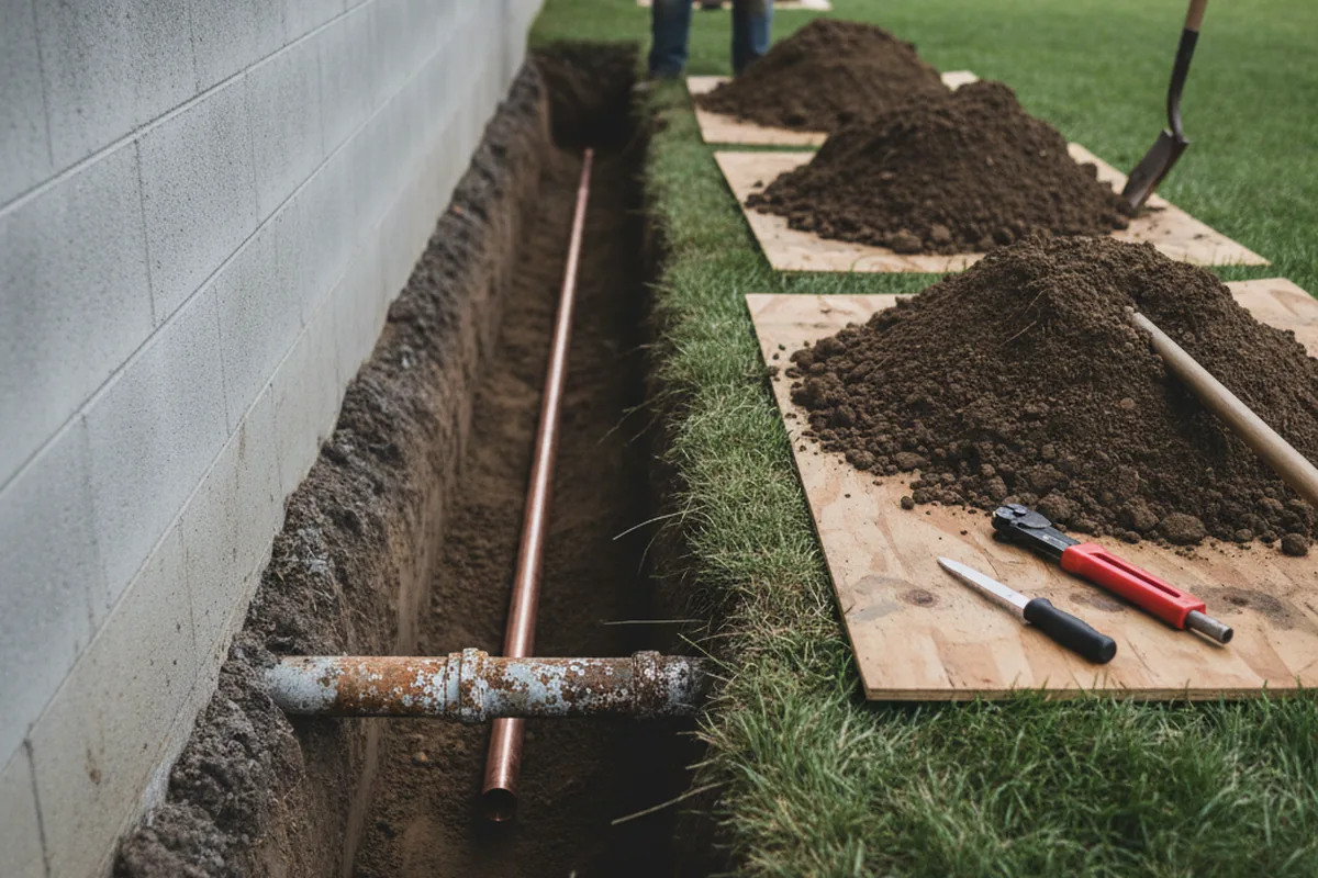 Excavated water line trench during Water Heater Repair in Goldendale